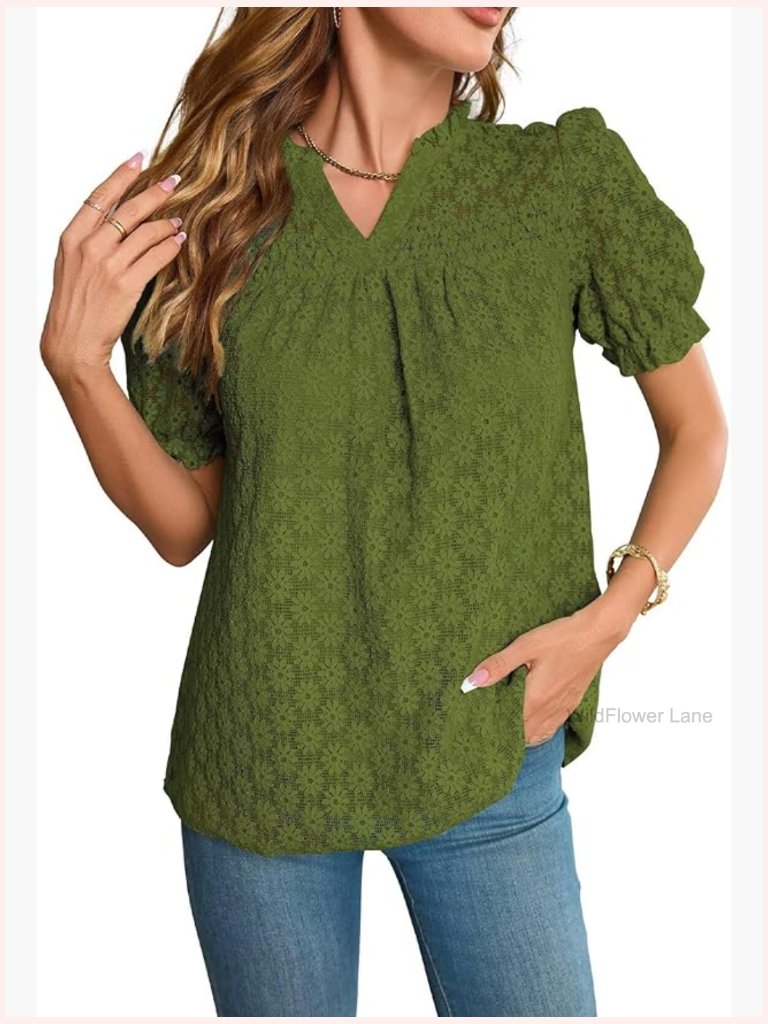 Boho Floral Lace Tunic Top V-Neck Short Puff Sleeve Summer Flowy Blouse